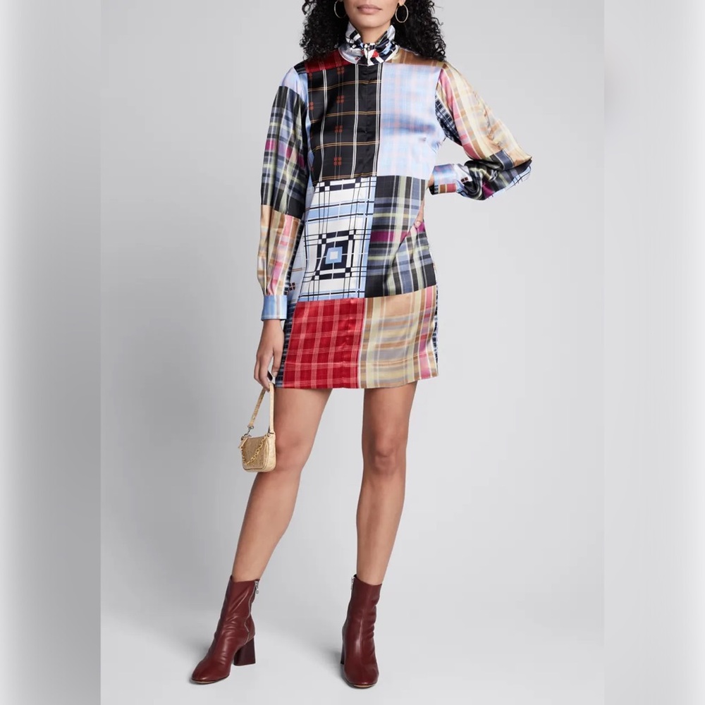NEW Ganni Patchwork-effect checked stretch-silk satin mini shirt dress